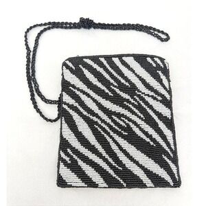 Beaded Zebra Print Crossbody Evening Cocktail Bag Black White Boho Festival SM